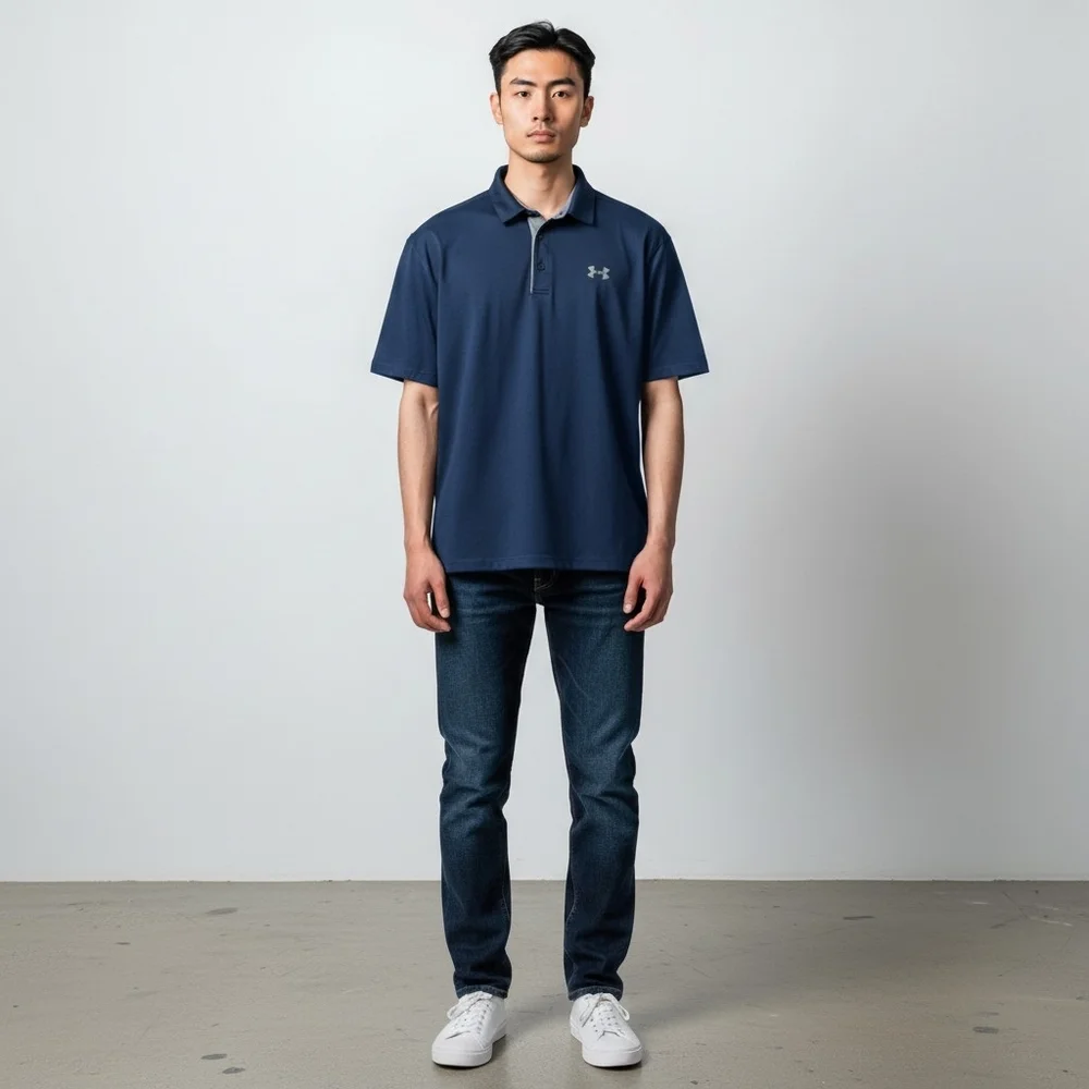 Under Armour Loose Fit Navy Blue Gray Trim Short Sleeve Polo Shirt Men's Small